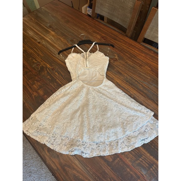 Emerald Sundae White Sparkle Lace Dress V Neck Spaghetti Strap Mini Dress XS - Picture 8 of 13